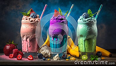Set of colorful smoothies in transparent glasses, mugs. Delicious layered fruit dessert in different colors on dark background. Stock Photo