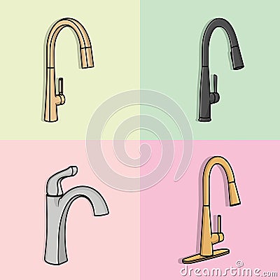 Set of Colorful Steel Water Supply Faucets For Bathroom And Kitchen Sink vector illustration Cartoon Illustration