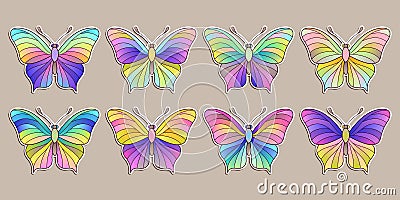 Set of Colorful Stickers Butterflies of Gradient Pastel Colors for Children`s Stuffs and Baby Products Vector Illustration