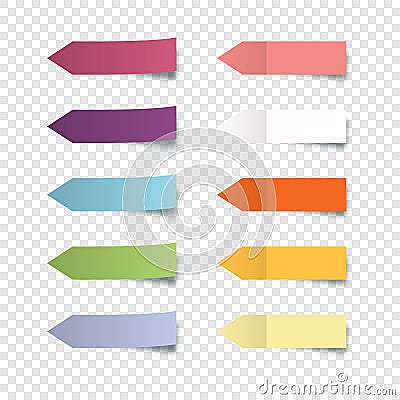 Set of colorful stickers. Collection oblong colorful arrow shaped sticker with peeling off edge realistic style for labeling infor Vector Illustration