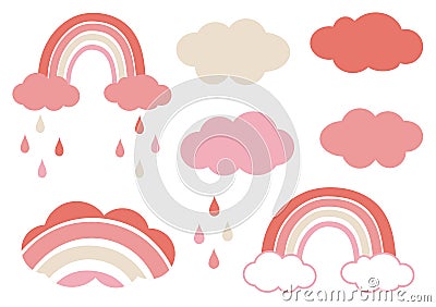 Set of colorful stylized rainbow clouds raindrops pink coral and beige pastel shades vector illustration Stock Photo