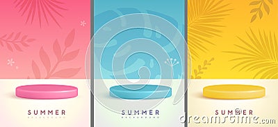Set of colorful summer backgrounds with stage and floral tropic elements. Colorful minimal scene. Vector Illustration