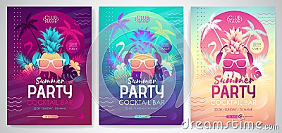 Set of Colorful summer disco party posters with fluorescent tropic leaves, pineapple and flamingo. Summertime backgrounds Vector Illustration