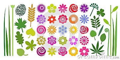 Set of colorful summer flowers, leaves and stems in imple cartoon flat style. Vector Illustration