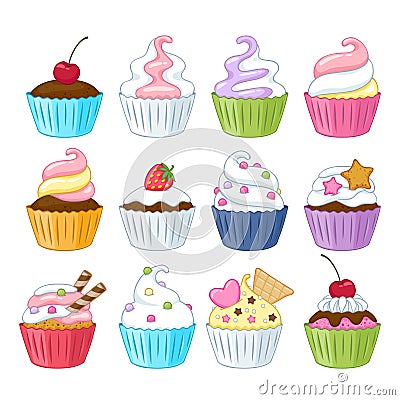 Set of colorful sweet cupcakes. Vector Illustration