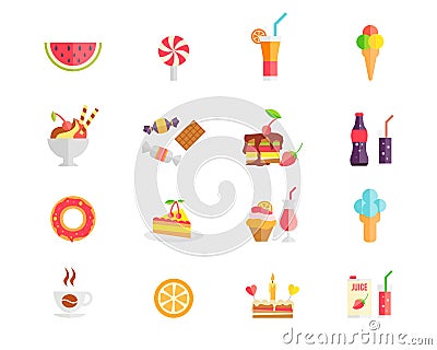 Set of colorful sweets desserts and cakes icons Vector Illustration