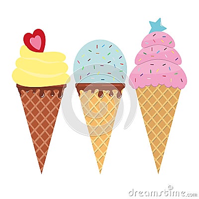 Set of colorful tasty isolated ice cream cones. Cute cartoons isolated on white background. Cold dessert and sweet summer snack. Stock Photo