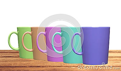 Set of colorful teacups on table isolated on white background Stock Photo