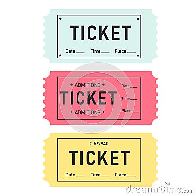A set of colorful tickets. Ticket templates. Date, time Vector Illustration