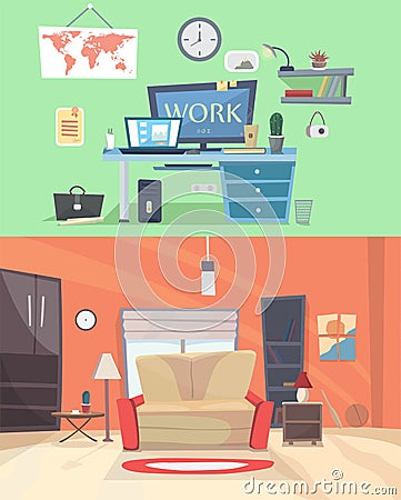 Set of colorful vector interior design house rooms with furniture icons: living room, bedroom. Flat style illustration Vector Illustration