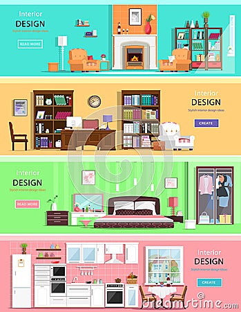 Set of colorful vector interior design house rooms with furniture icons: living room, bedroom, kitchen and home office. Vector Illustration