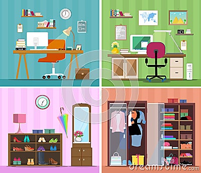 Set of colorful vector interior design house rooms with furniture icons: working place with computer, modern home office, wardrobe Vector Illustration