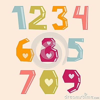 Set of colorful vector numbers 0-9 with hearts and paper cut effect. Stock Photo