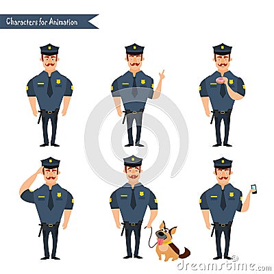 Set of colorful vector policeman at work. Vector Illustration