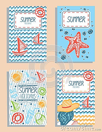Set of colorful vector summer holidays cards. Hand drawn sea vacation objects Vector Illustration