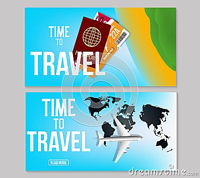 Set of Colorful vector travel banner design with passport, airplane and tickets. Vector background. Vector Illustration