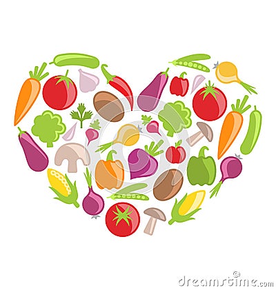 Set Colorful Vegetables in Heart Shape Vector Illustration