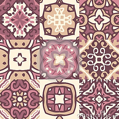 Set of colorful vintage ceramic tiles with ornamental moroccan motives. Vector Illustration