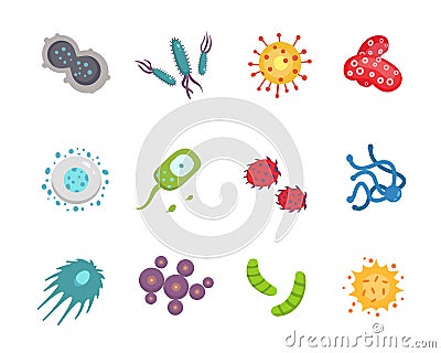 Set colorful viruses vector illustration. Bacteria and micro-organisms in cartoon style. Vector Illustration