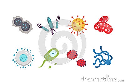 Set colorful viruses vector illustration. Bacteria and micro-organisms in cartoon style. Vector Illustration