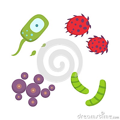 Set colorful viruses vector illustration. Bacteria and micro-organisms in cartoon style. Vector Illustration