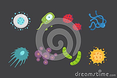 Set colorful viruses vector illustration. Bacteria and micro-organisms in cartoon style. Vector Illustration