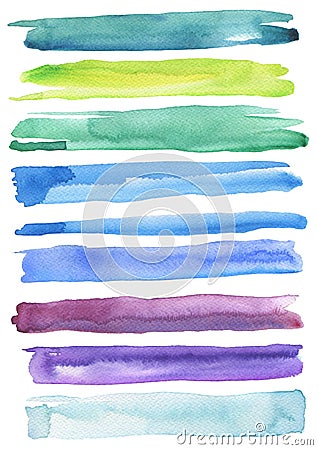 Set of colorful watercolor brush strokes. Stock Photo