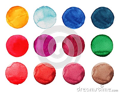 Set of colorful watercolor hand painted circle on white. Illustration for artistic design. Round stains, blobs blue, red Stock Photo