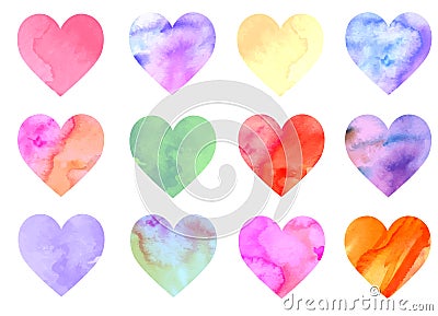 Set of colorful watercolor hearts Vector Illustration