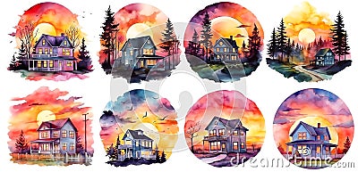set of colorful watercolor houses Stock Photo