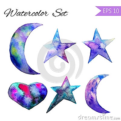Set of Colorful watercolor star and moon icon. Vector Illustration