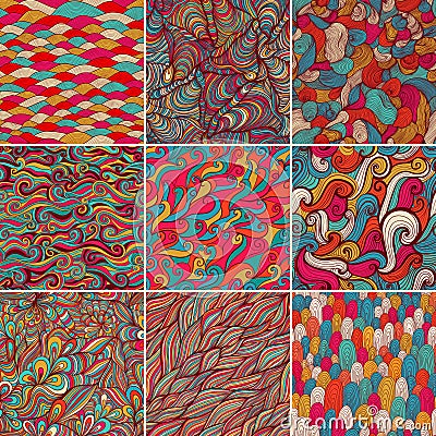 Set of 9 colorful wave patterns (seamlessly tiling).Seamless pat Vector Illustration