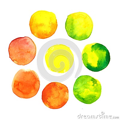 Set of colorful yellow, orange and green hand drawn watercolor spots, circles isolated on white . Stock Photo