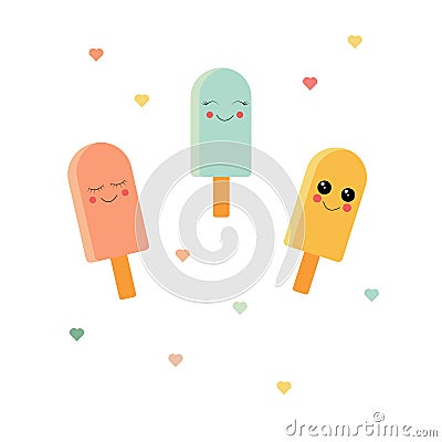 Set with colorfull ise creams and heart Vector Illustration