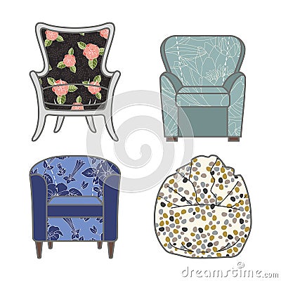 Set of colorfull and patterned vector armchairs Vector Illustration