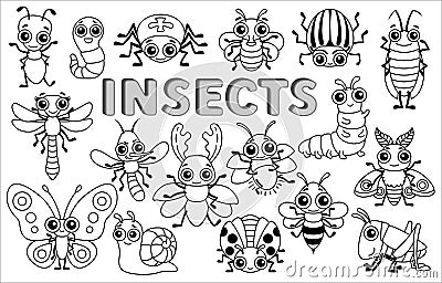 Set Coloring Funny Insects in a cartoon style Vector Illustration