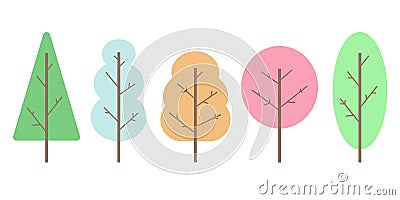 A set of 5 coloured trees Vector Illustration