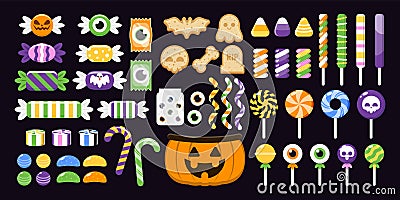 Set of Colourful Halloween Sweets, Collection of Sweets and dessert For Children in Halloween, Vector and Illustration, Candy, Vector Illustration