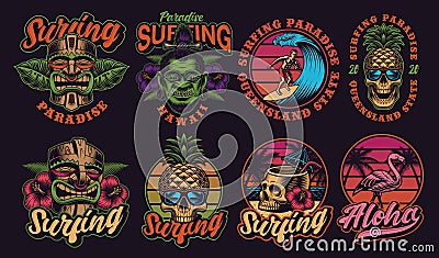 Set of colourful Hawaii surfing illustrations on a dark background Vector Illustration