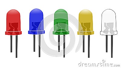 Set of Colourful LED Bulbs Vector Art. Red Led, Blue Led, Gree Led, Yellow Led, White Led. Light Emitting Diodes. Vector Illustration