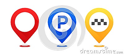 Set of colourful map pointers. Map pointer, map parking pointer, map taxi pointer. Vector Illustration