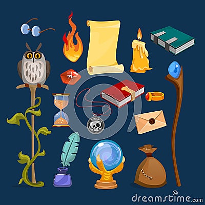 Set of colourful unique magical supplies Vector Illustration