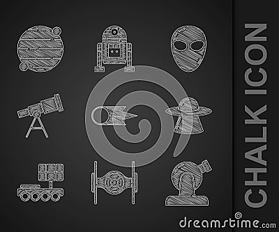 Set Comet falling down fast, Cosmic ship, Astronomical observatory, UFO flying spaceship, Mars rover, Telescope, Alien Vector Illustration