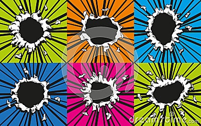 Set of comic book holes. Vector paper is torn through boom explosion. Circle holes in the middle on color backgrounds Vector Illustration