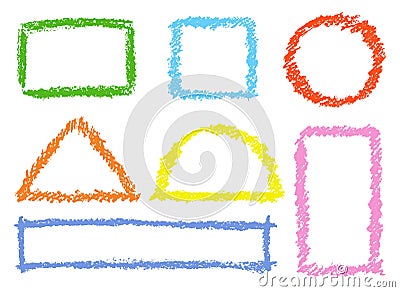 Set of comic colorful design elements. Crayon chalk hand drawn frames. Vector Illustration