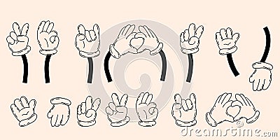 Set comic hands in gloves, gestures - heart, ok, hello, two fingers. Vector illustration. Linear hand drawn doodle Vector Illustration