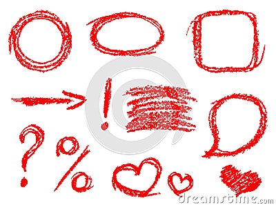 Set of comic red design elements. Crayon chalk hand drawn frame, heart, speech bubble, arrow Vector Illustration