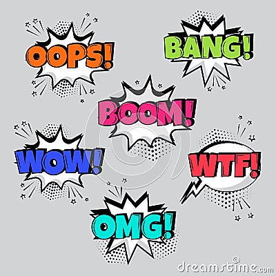 Set of comic speech bubbles with different emotions and Boom, Vector illustration Cartoon Illustration