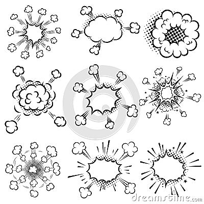 Set of comic style explosions and bubbles. Design element for poster,card, banner, comic book. Vector Illustration