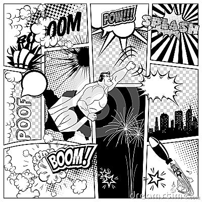 Set of comics speech and explosion bubbles on a book page background. Super hero, rocket, city silhouette firework Vector Illustration